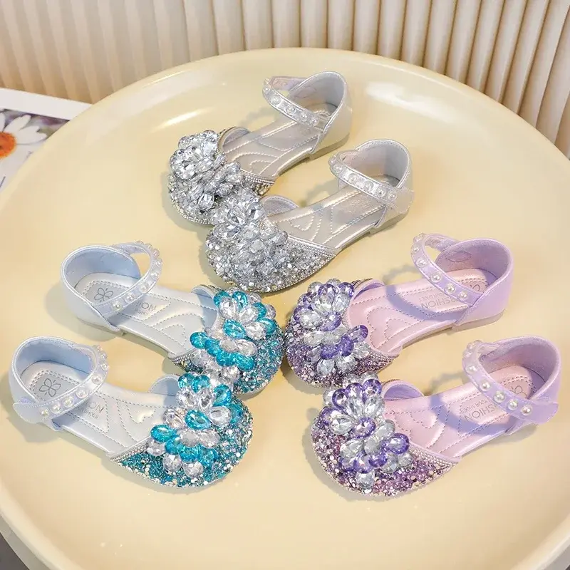 Girls Dance Shoes Non-slip Shiny Crystal 2025 New Kids Half Sandals for Party Wedding Children Princess Shoes Summer Soft Sole