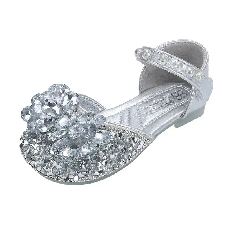 Girls Dance Shoes Non-slip Shiny Crystal 2025 New Kids Half Sandals for Party Wedding Children Princess Shoes Summer Soft Sole