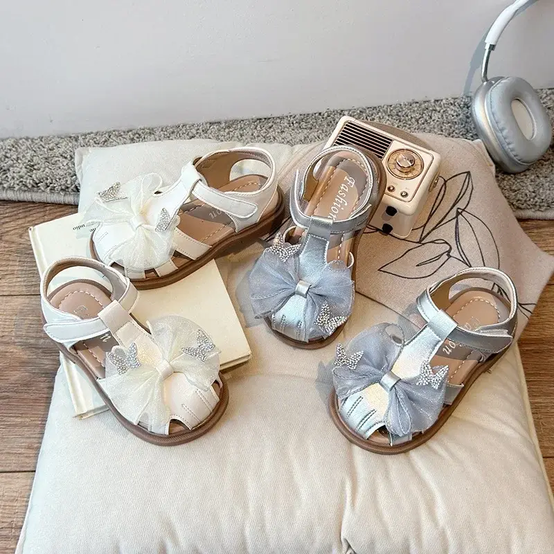 Girls Princess Shoes Mesh Lace Bows T-strap Kids Sandals Sweet Butterfly 2025 Summer New Girls Beach Shoes Non-slip Hollowed-out