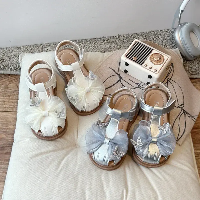 Girls Princess Shoes Mesh Lace Bows T-strap Kids Sandals Sweet Butterfly 2025 Summer New Girls Beach Shoes Non-slip Hollowed-out