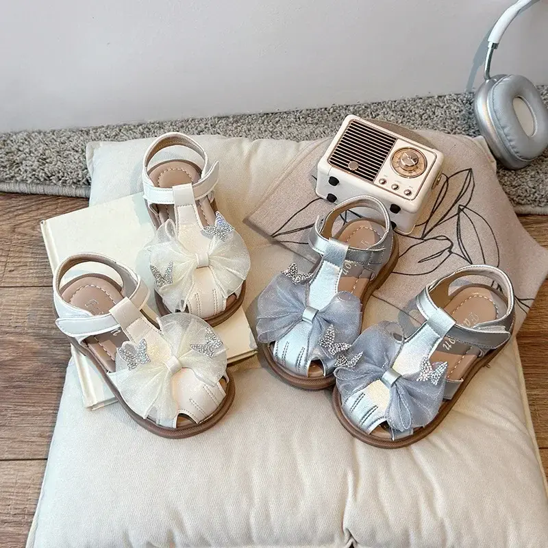 Girls Princess Shoes Mesh Lace Bows T-strap Kids Sandals Sweet Butterfly 2025 Summer New Girls Beach Shoes Non-slip Hollowed-out