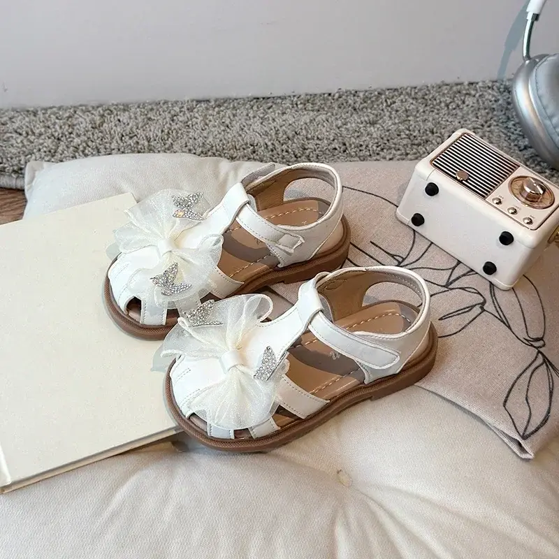 Girls Princess Shoes Mesh Lace Bows T-strap Kids Sandals Sweet Butterfly 2025 Summer New Girls Beach Shoes Non-slip Hollowed-out