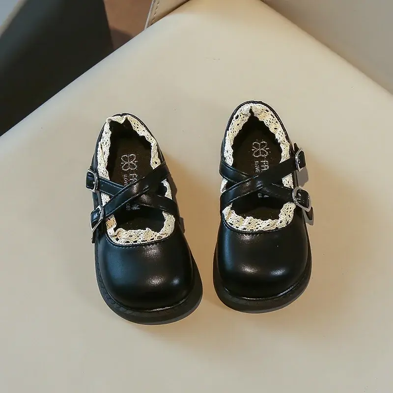 2025 Children Leather Shoes for Girls Spring Autumn New Fashion Korean Style Soft Sole Non-slip Princess Lace Mary Jane Shoes