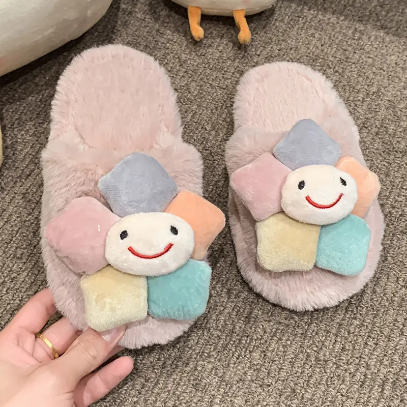 Cute Girls Winter Fur Slippers Fashion Flower Trend Kids Cotton Shoes Non-slip Soft Fluffy Versatile Children Warm Home Slippers