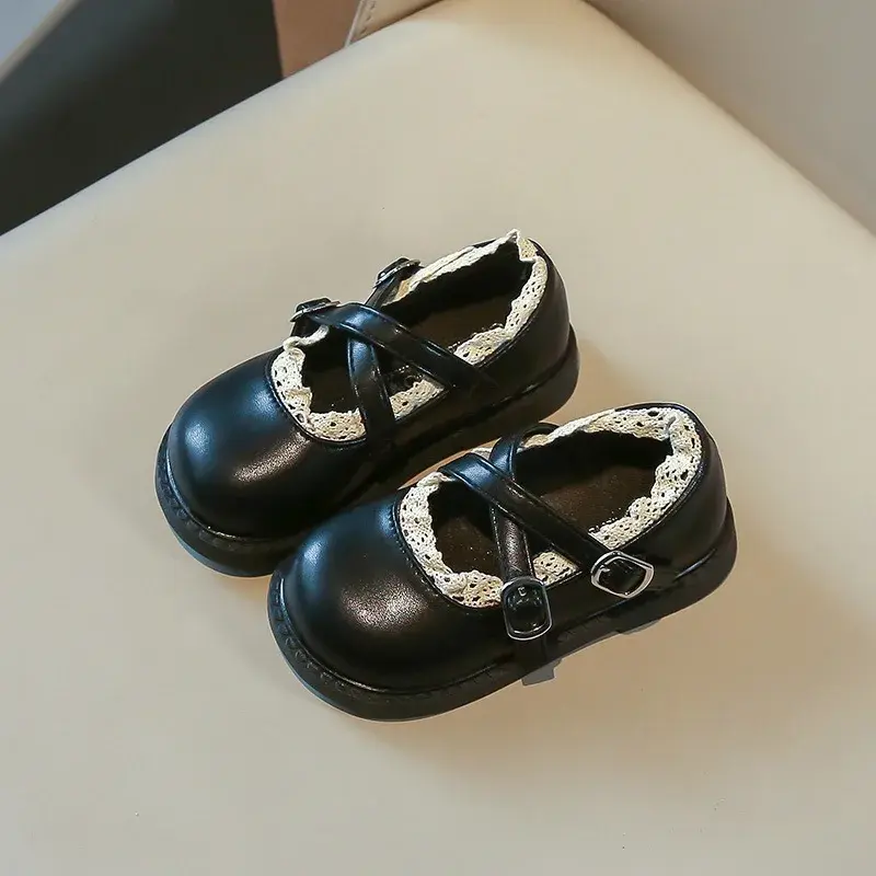 2025 Children Leather Shoes for Girls Spring Autumn New Fashion Korean Style Soft Sole Non-slip Princess Lace Mary Jane Shoes
