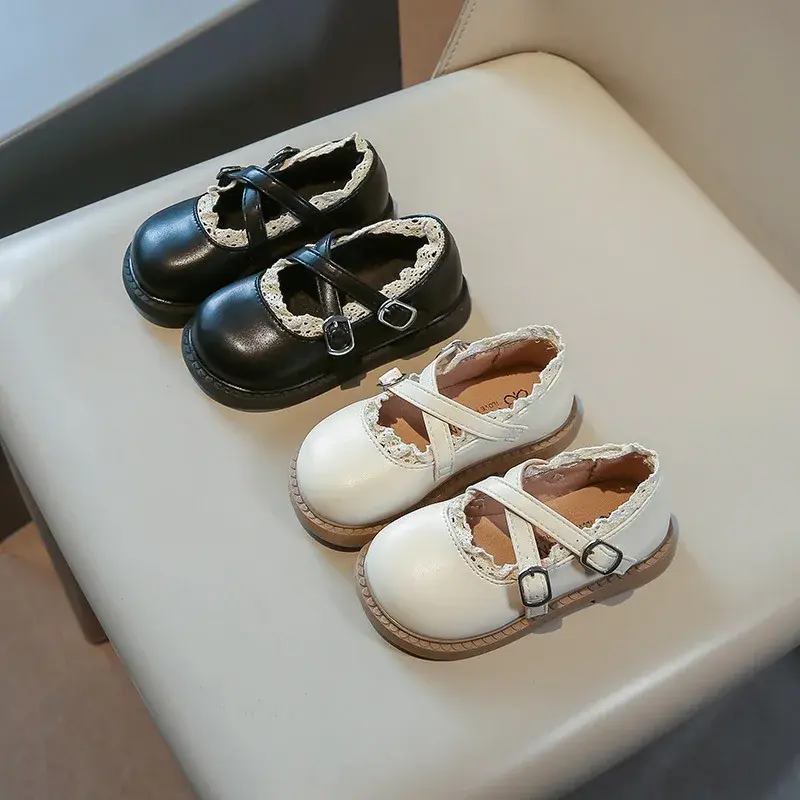 2025 Children Leather Shoes for Girls Spring Autumn New Fashion Korean Style Soft Sole Non-slip Princess Lace Mary Jane Shoes