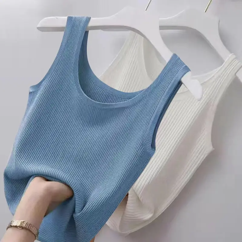 Summer Knit Vest Top Sexy Sleeveless O Neck Women Camisole Pure Color Black White T-shirt Solid Color Large Size Slim Tank Top