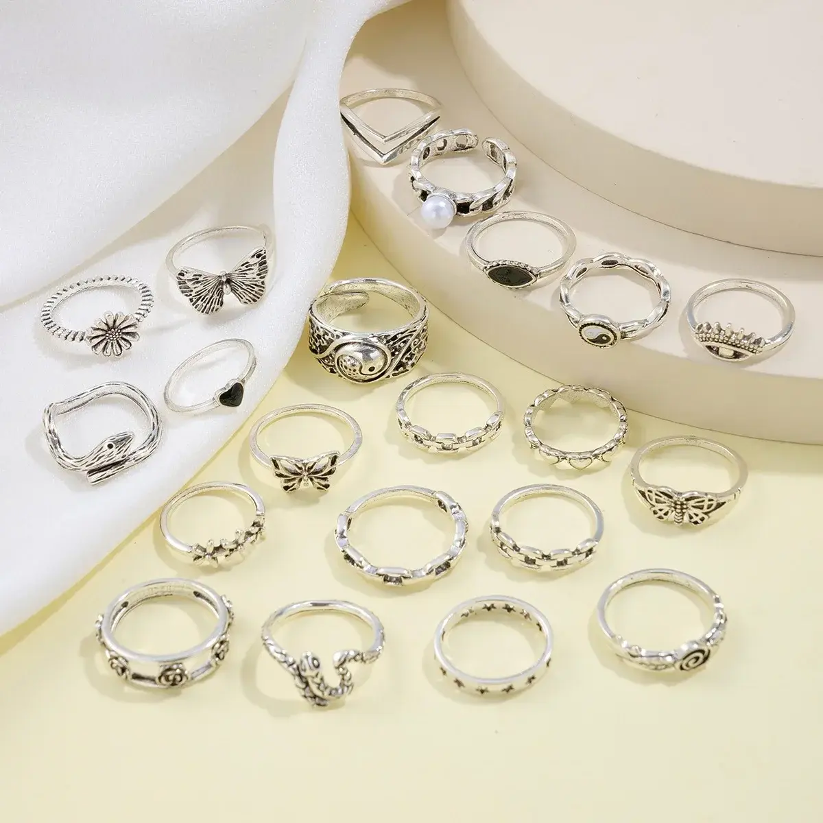 21pcs Set Punk Style Butterfly Heart Stainless Steel Ring and Tai Chi Design Multi-element Snake Rings Set Кольца Женские Кольцо