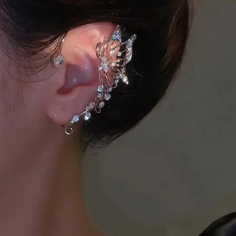 Elegant Korean Elf Butterfly Ear Cuff for Women Sparkling Zircon Crystal Clip Earrings No Piercing Required Wedding Jewelry