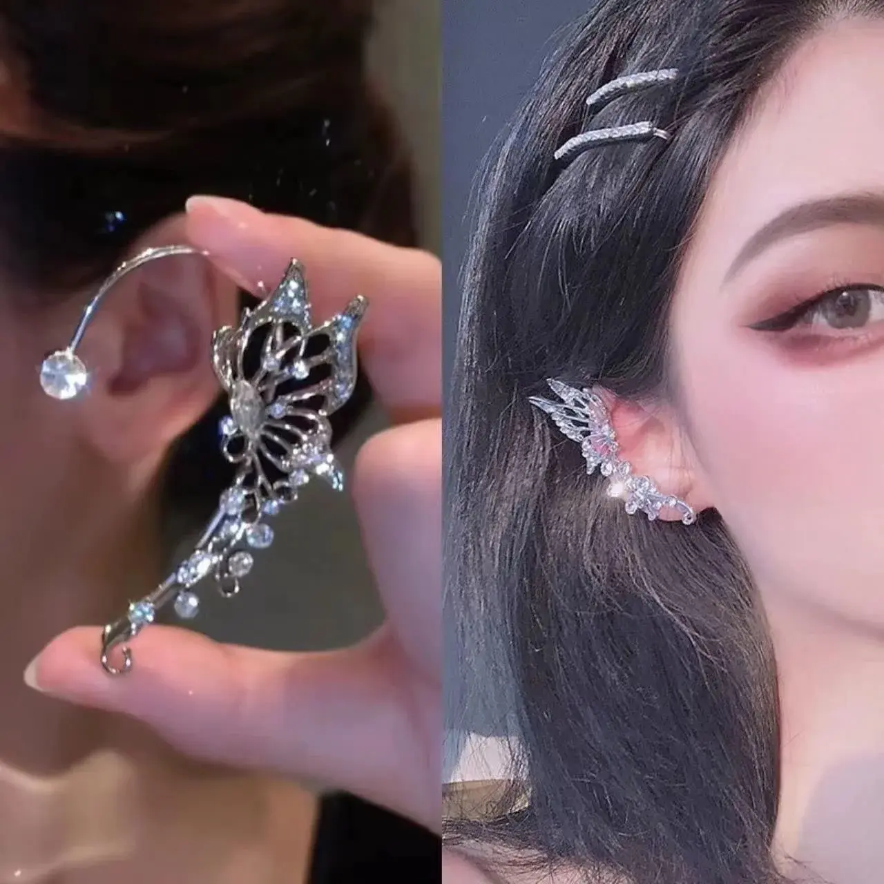 Elegant Korean Elf Butterfly Ear Cuff for Women Sparkling Zircon Crystal Clip Earrings No Piercing Required Wedding Jewelry