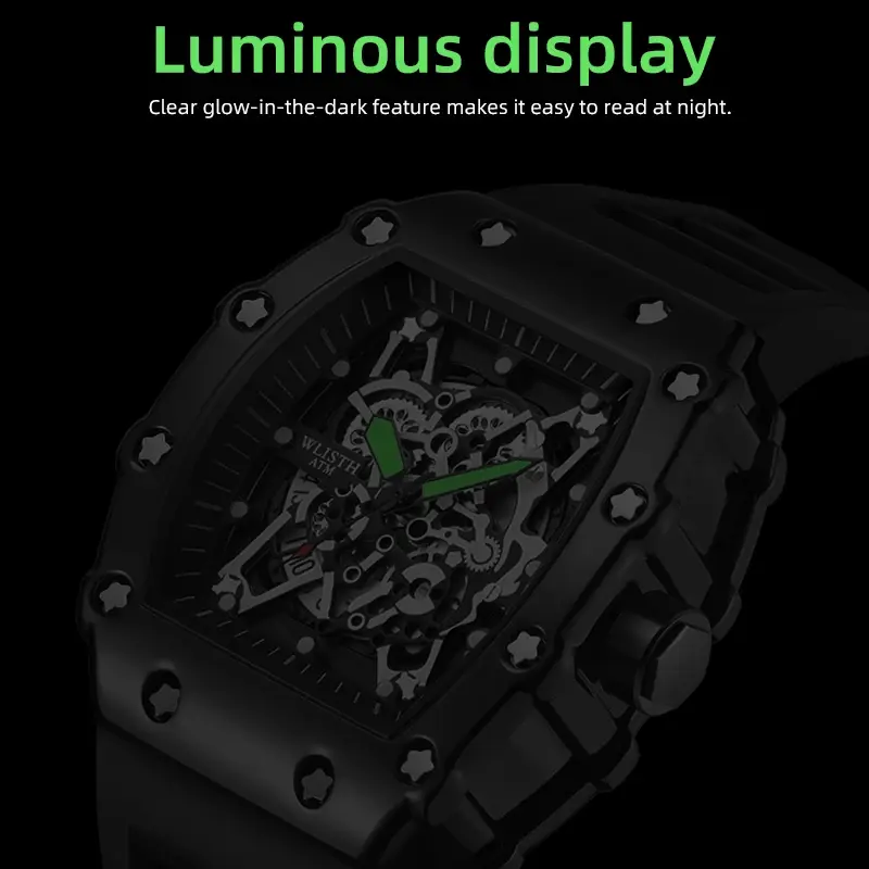 New Brand Men's Watch Fashion Automatic Movement Barrel Luminous Waterproof Clock Sports Male's Silicone Strap Quartz Wristwatch