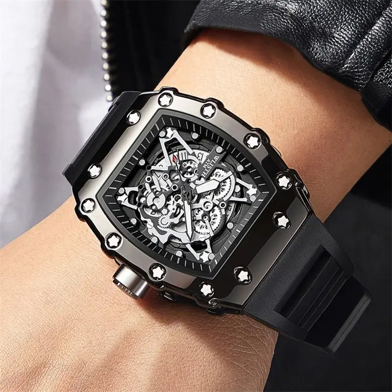 New Brand Men's Watch Fashion Automatic Movement Barrel Luminous Waterproof Clock Sports Male's Silicone Strap Quartz Wristwatch