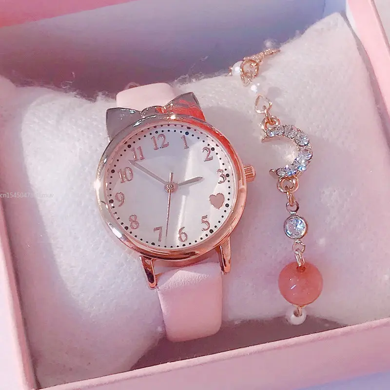 2025 Fashion Kids Love Digital Dial Children Set Watch Leather Strap Quartz Watches Kid Girls Clock Watch Bracelet Set Gift