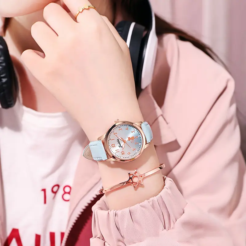 Children's Cute Cat Watch Simple Rhinestone Girls Wristwatches Gradient Color Leather Quartz Kids Clock Child Gift Montre Enfant