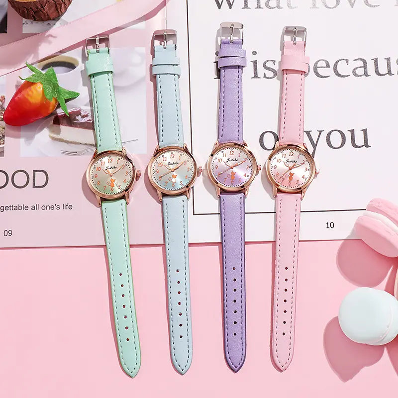 Children's Cute Cat Watch Simple Rhinestone Girls Wristwatches Gradient Color Leather Quartz Kids Clock Child Gift Montre Enfant