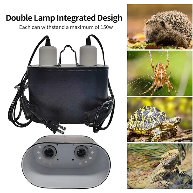 HGHO 1 Piece Dual Reptile Light Fixture Dual Heating Lamp UVB Light Fixture For Reptile Dome Heat Lighting Lamp Combo Kit US Plu