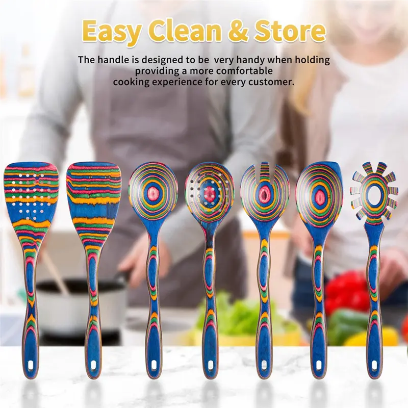 HGHO Seven-Piece Wooden Kitchenware Soup Spoon Set Wooden Cooking Supplies Non-Stick Large Colorful Spatula Kitchen Tools