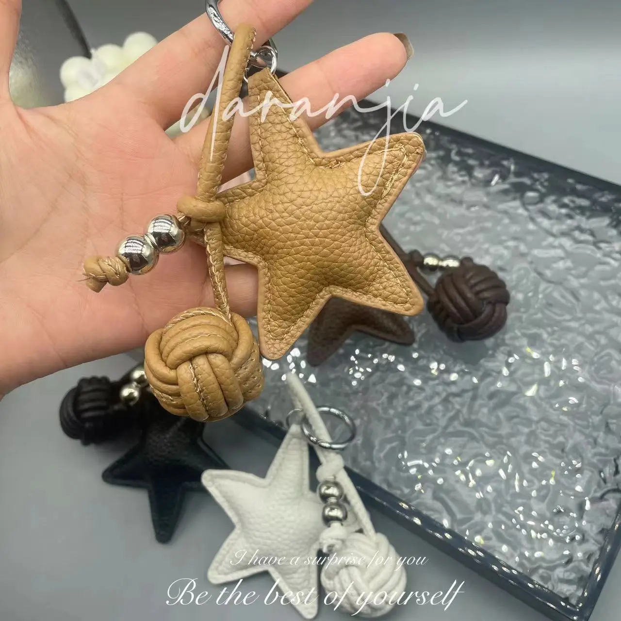 Five-pointed Star Woven Ball Charm, PU Leather Bag Pendant, Creative Woven Ball Star Keychain, Phone Hanger