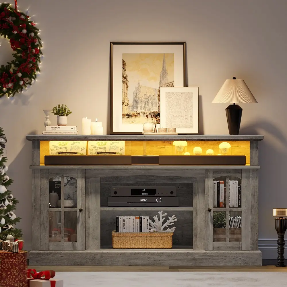 Farmhouse LED TV Stand 65in TVs Wood Media Console Shelves Storage Entertainment Center Living Room Adjustable Cable Management