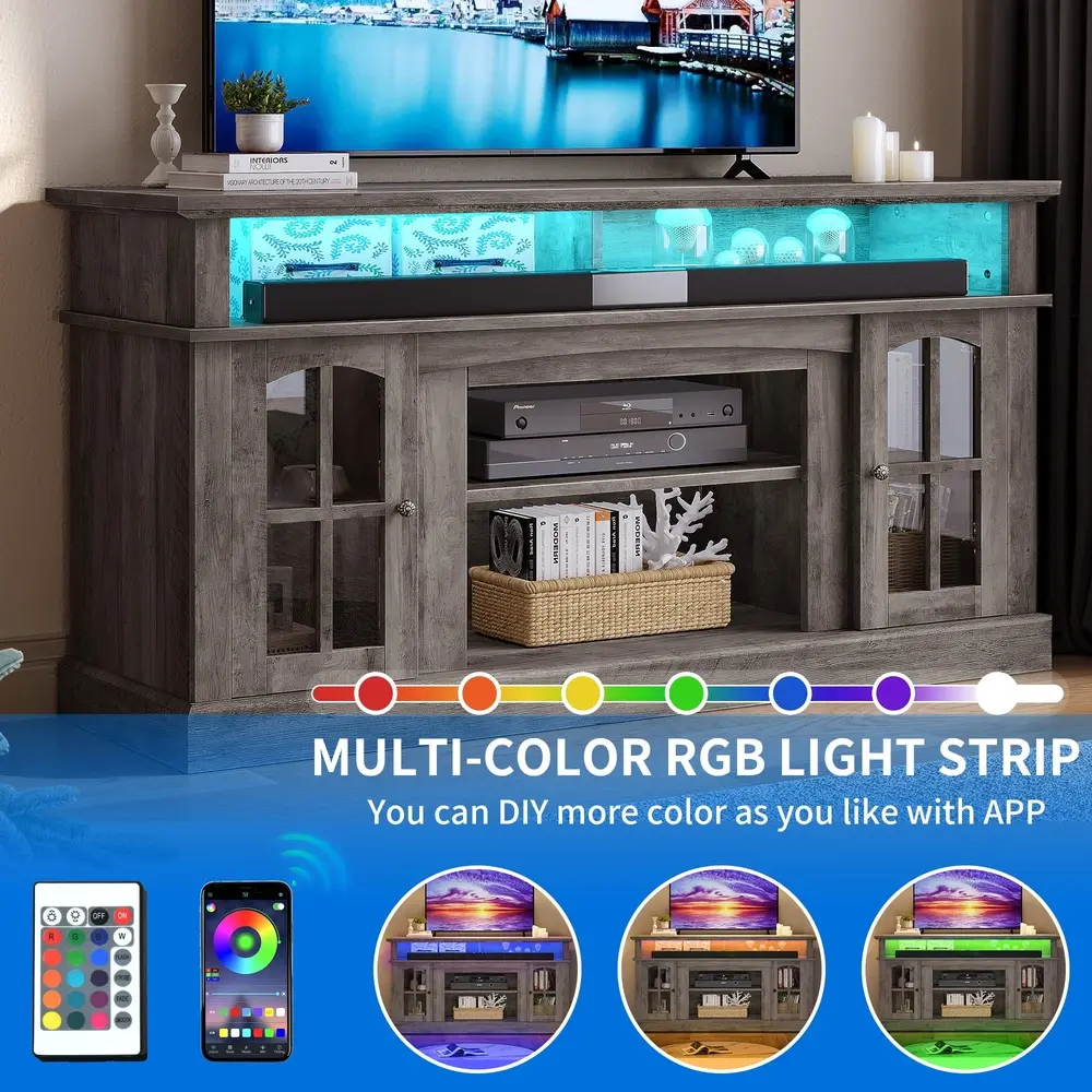 Farmhouse LED TV Stand 65in TVs Wood Media Console Shelves Storage Entertainment Center Living Room Adjustable Cable Management