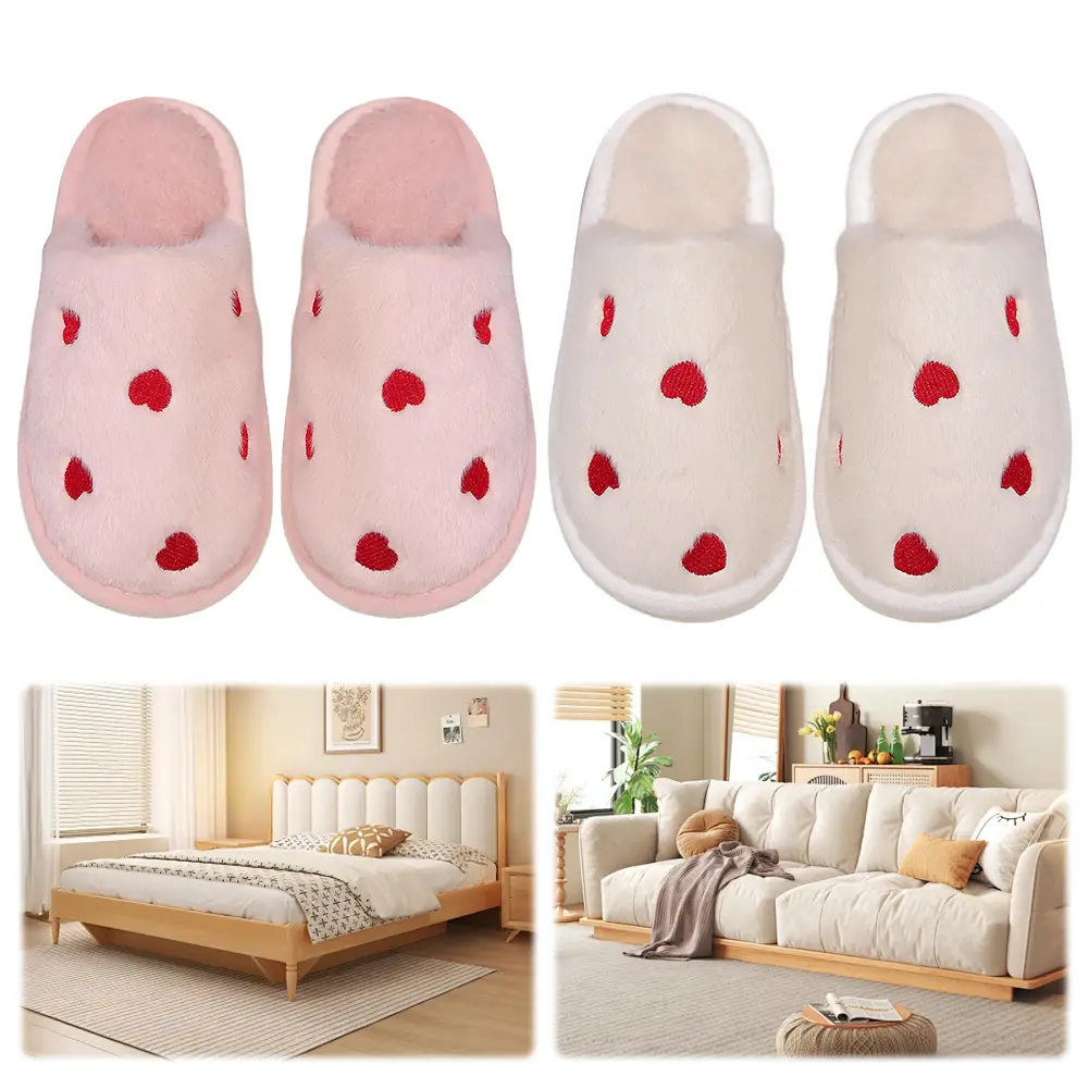 Women Plush Heart Slippers Fuzzy Home Slippers Non Slip Flat Thermal Slippers Comfortable Fluffy Love Slippers for Autumn Winter