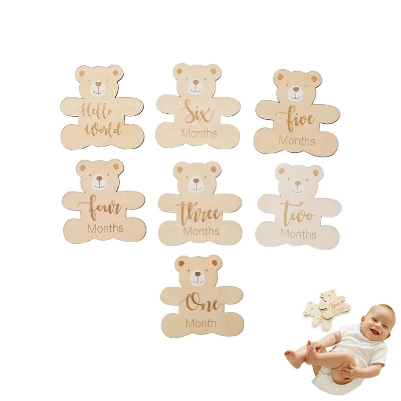 7pc/set Wooden Baby Milestone Cards 0-12 Monthly Newborn Cute Little Bear Shape Photography Props Accessories Cards Infant Gifts