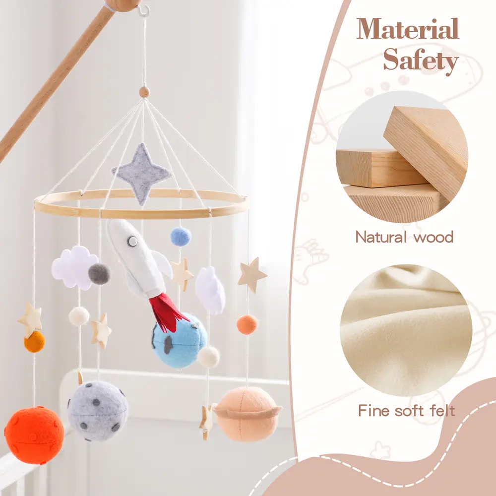 Wooden Baby Crib Bell Soothing Baby Movable Ringing Toy Space Rocket Hanging Crib Bracket Felt Ball Bed Bell Newborn Toy Gift