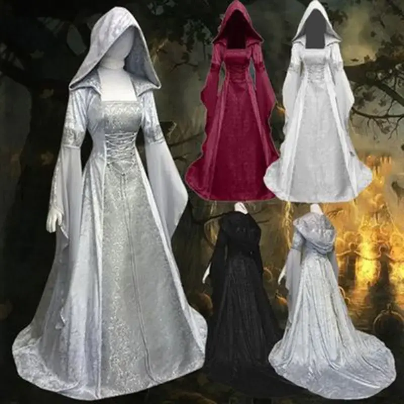 women's coswear Medieval wedding dress hooded waist dress cosplay Witch dress halloween disfraz