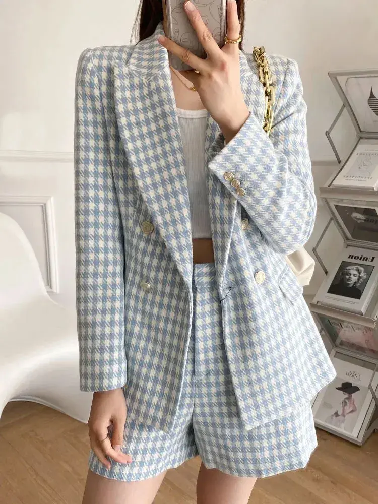 Women Fashion Houndstooth Double Breasted Tweed Blazer Coat Vintage Long Sleeve Flap Pocket Female Outerwear Chic Veste