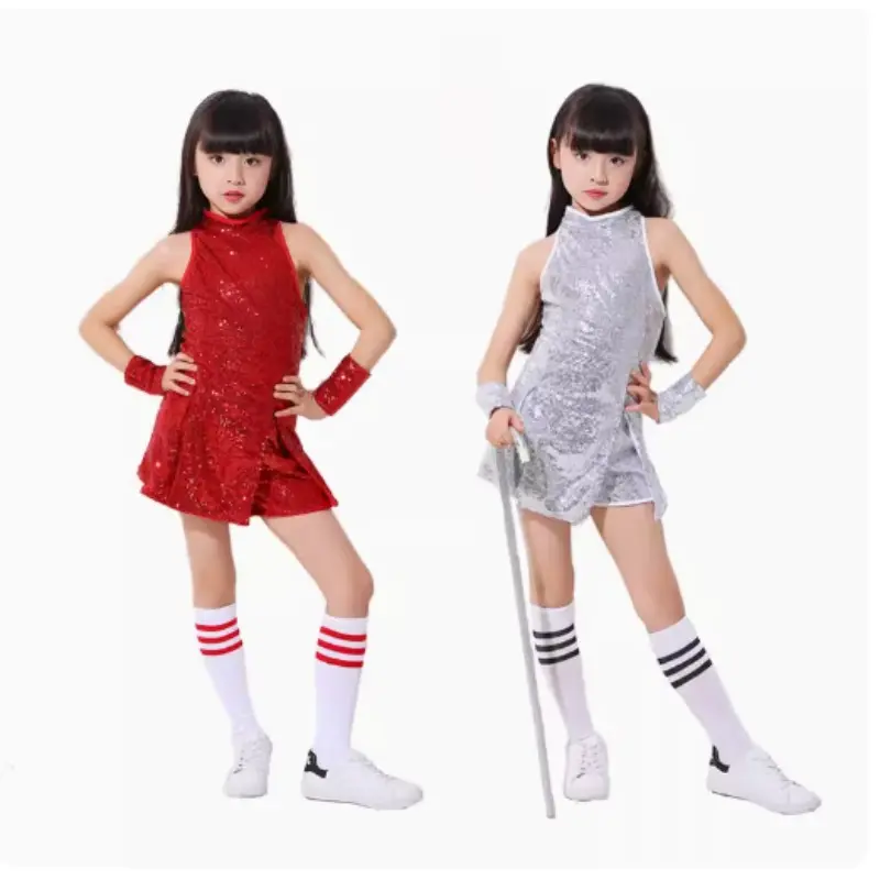 Girls Sequins Cheerleading Dress with Socks Jazz Modern Street Dance Hip-Hop Performances Costumes