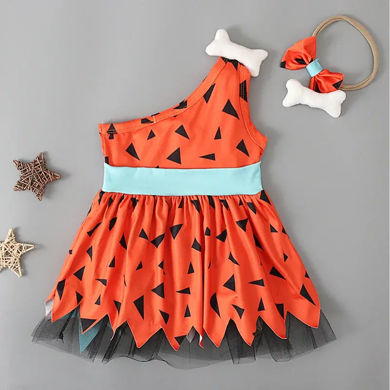 2024 Toddler Kids Girls Boys Caveman Costume Girl Halloween Dog Bones Historical Cavegirl Mesh Tulle Dress Princess Outfits 1-6T