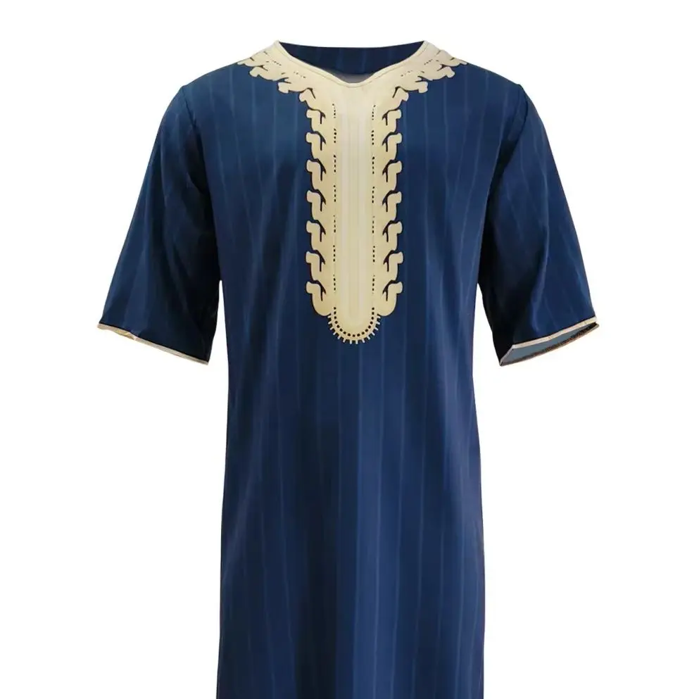 Printed men's Muslim clothes Middle Eastern Men's Arab Robe Loose V-neck Short Sleeved Printed Men's Muslim Clothing Islamic