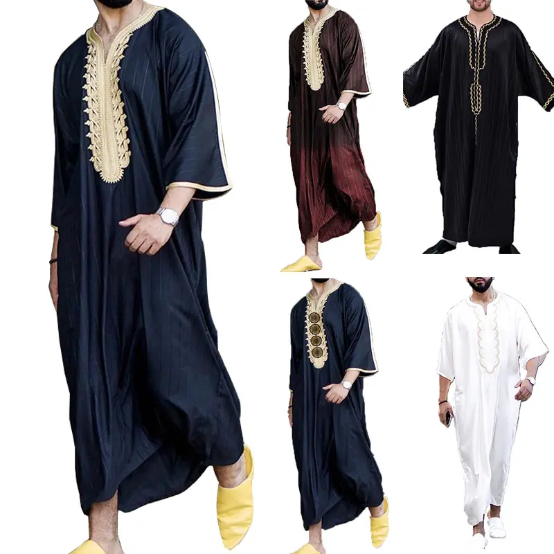 Printed men's Muslim clothes Middle Eastern Men's Arab Robe Loose V-neck Short Sleeved Printed Men's Muslim Clothing Islamic