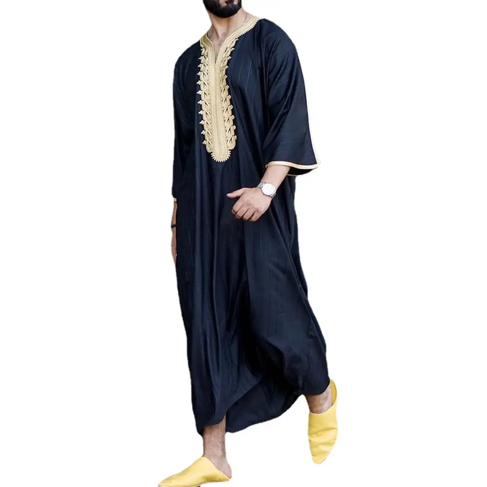 Printed men's Muslim clothes Middle Eastern Men's Arab Robe Loose V-neck Short Sleeved Printed Men's Muslim Clothing Islamic