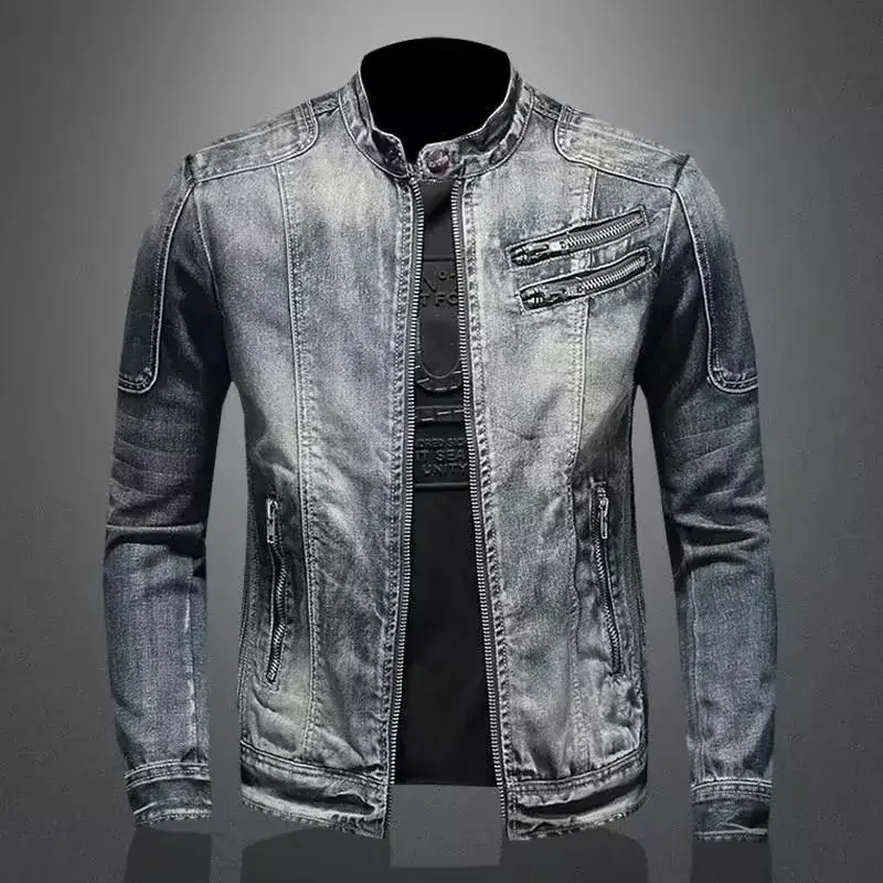 Casual Retro Motorcycle Denim Jacket Men's Zipper Stand Collar Leisure Fashion Outerwear Brand None AE Stockpile
