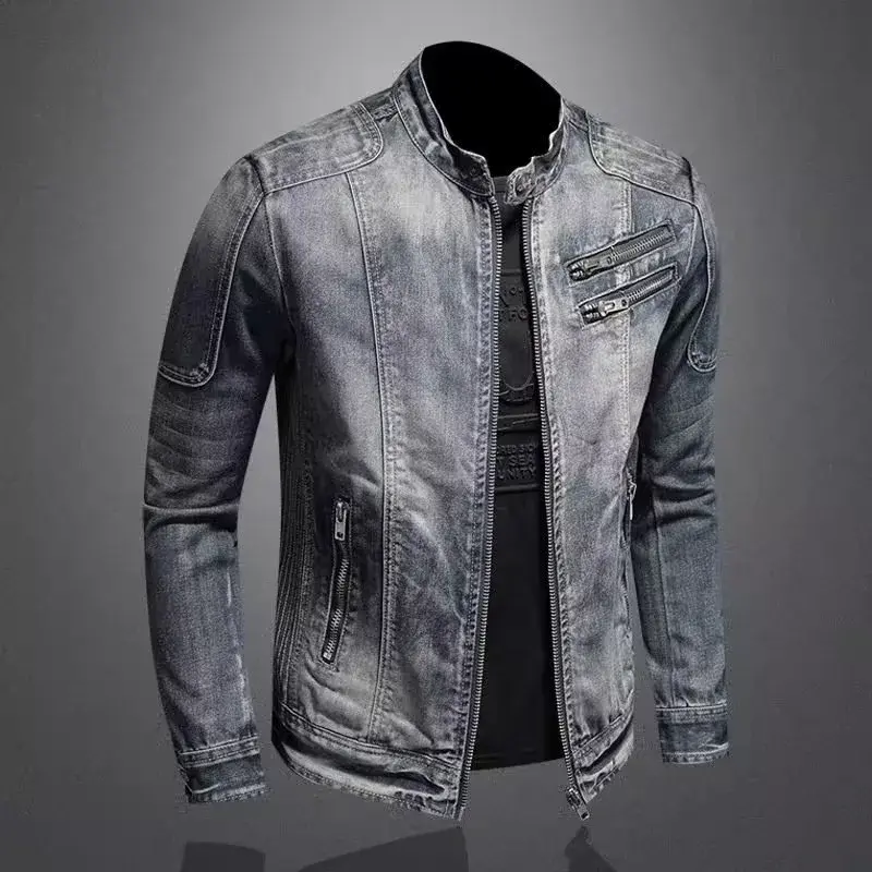 Casual Retro Motorcycle Denim Jacket Men's Zipper Stand Collar Leisure Fashion Outerwear Brand None AE Stockpile