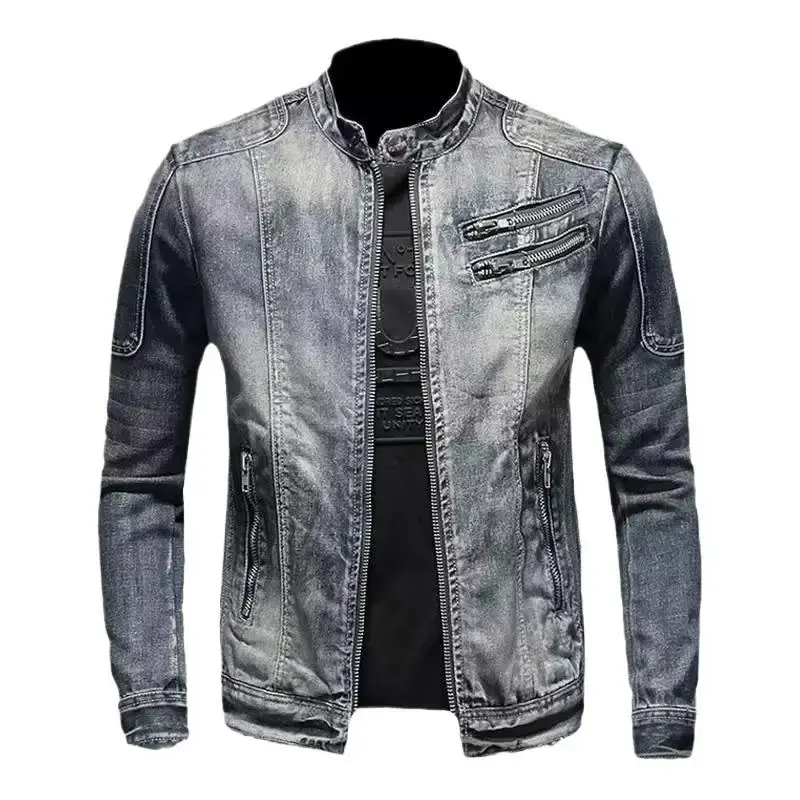 Casual Retro Motorcycle Denim Jacket Men's Zipper Stand Collar Leisure Fashion Outerwear Brand None AE Stockpile