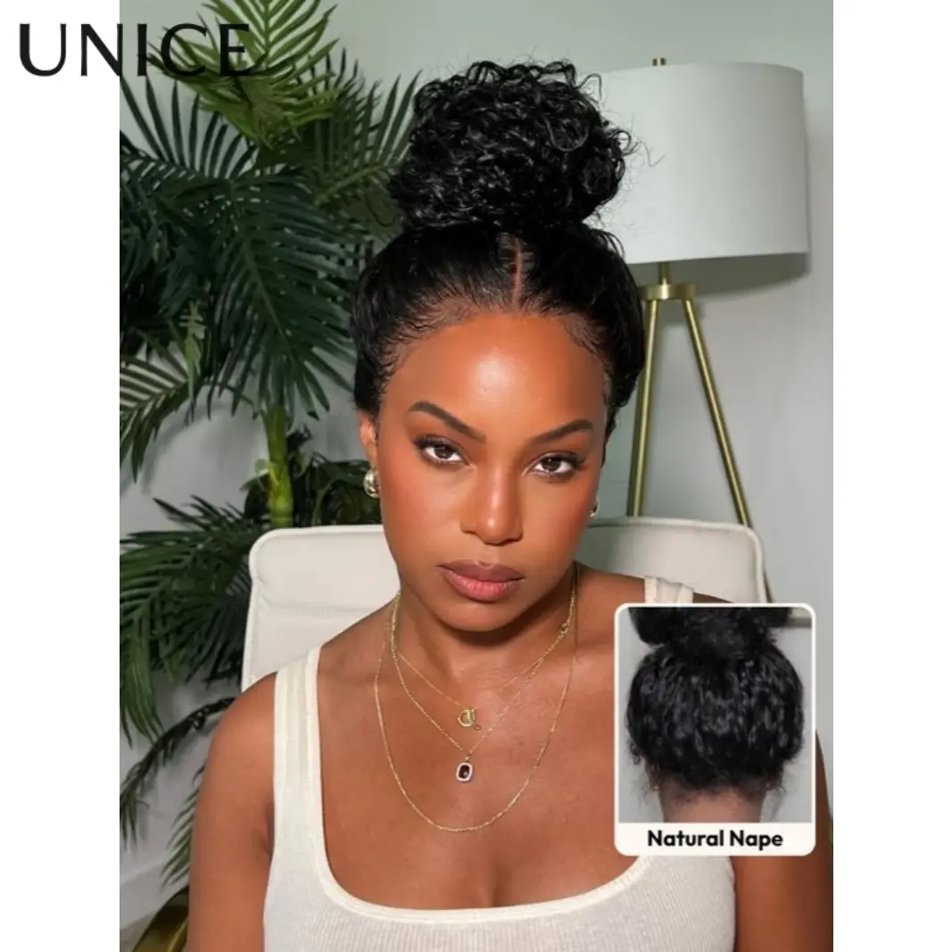 UNice Invisible Strap 360 Lace Black Water Wave Human Hair Wig Pre-cut Pre-pluck Pre-bleached