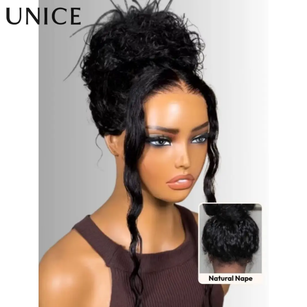 UNice Invisible Strap 360 Lace Black Water Wave Human Hair Wig Pre-cut Pre-pluck Pre-bleached
