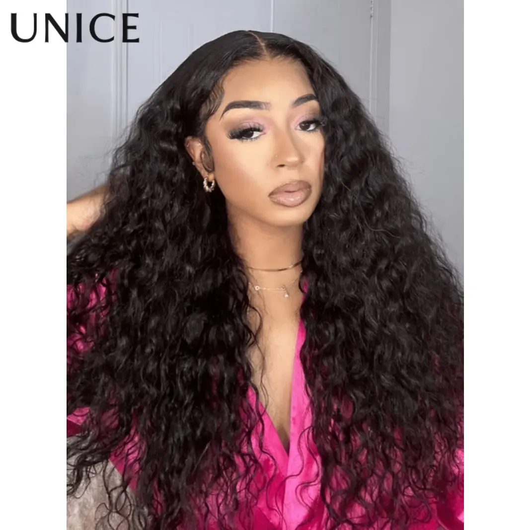 UNice Invisible Strap 360 Lace Black Water Wave Human Hair Wig Pre-cut Pre-pluck Pre-bleached
