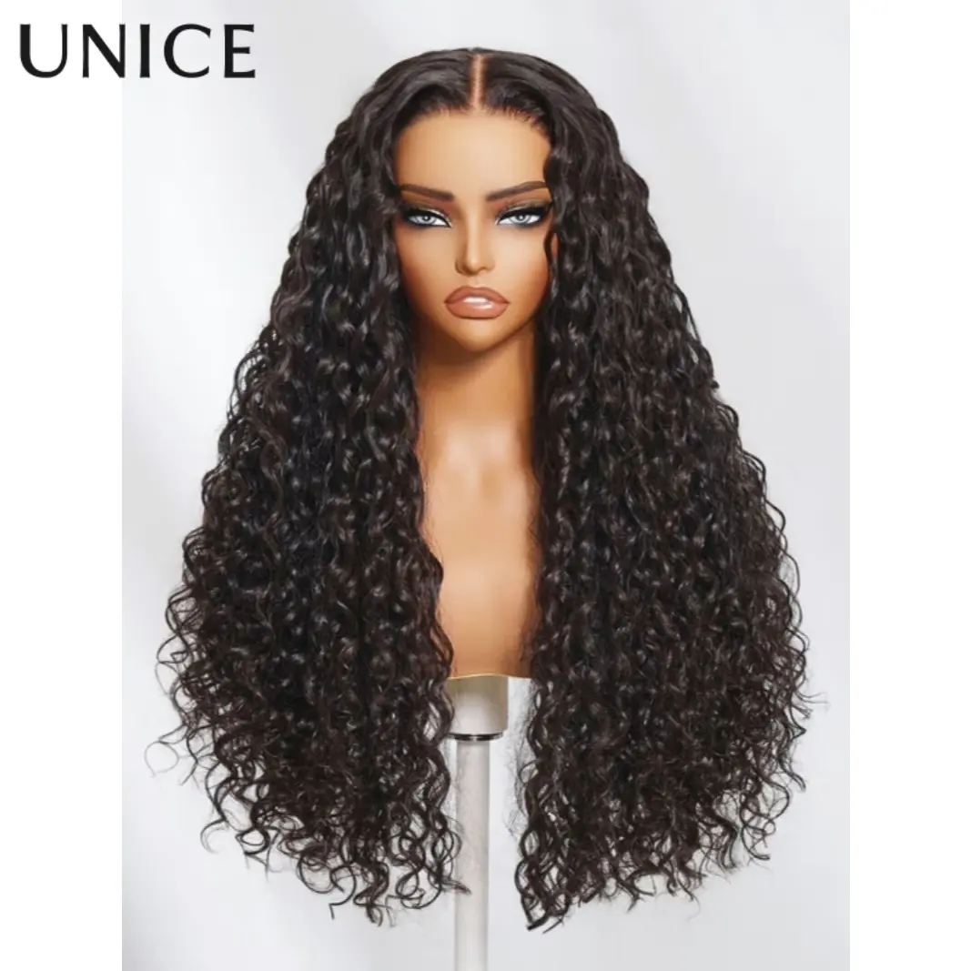 UNice Invisible Strap 360 Lace Black Water Wave Human Hair Wig Pre-cut Pre-pluck Pre-bleached