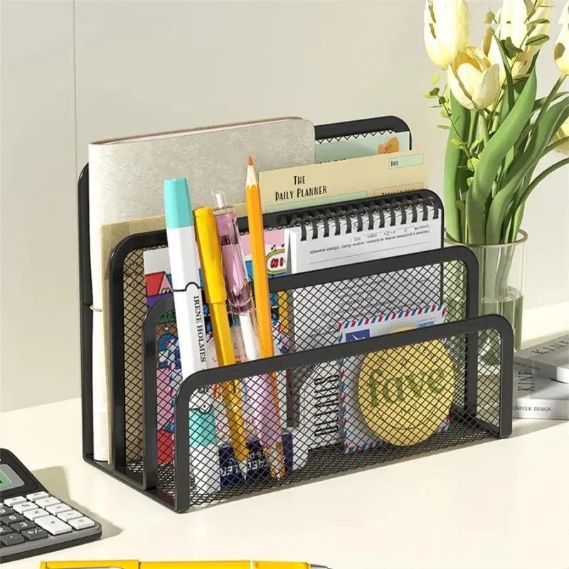 3-Layer Black Metal Iron Mesh Notebook Stand Rack Desk Organizer for Papers Magazines Documents Books - Mesh Holder for Office