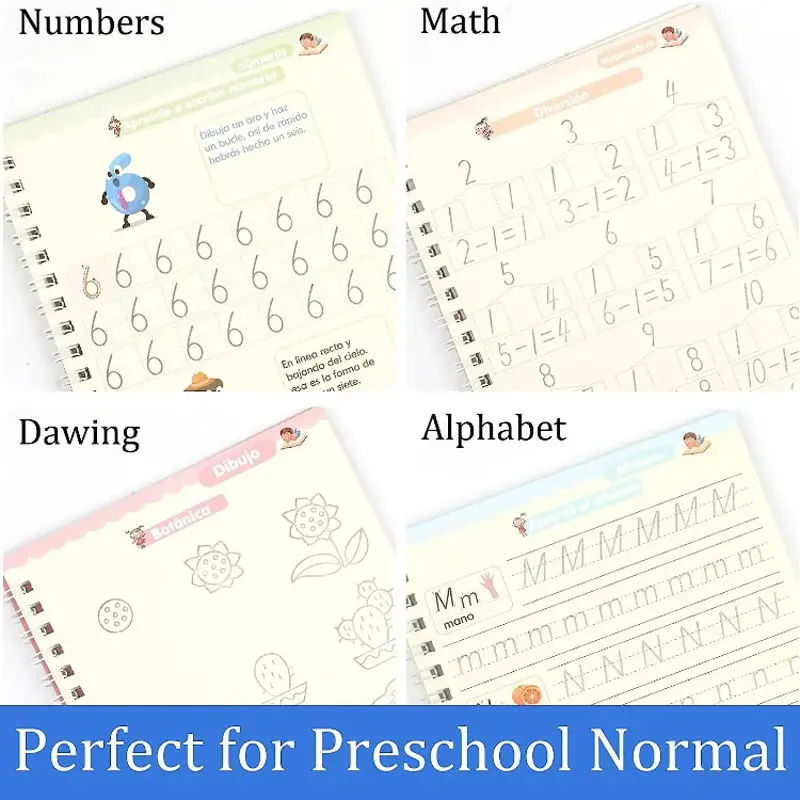 4Books Magic Writing Book in Spanish Calligraphy Notebook Montessori Kids Reusable Educational Calligraphic Letter Practice Toy