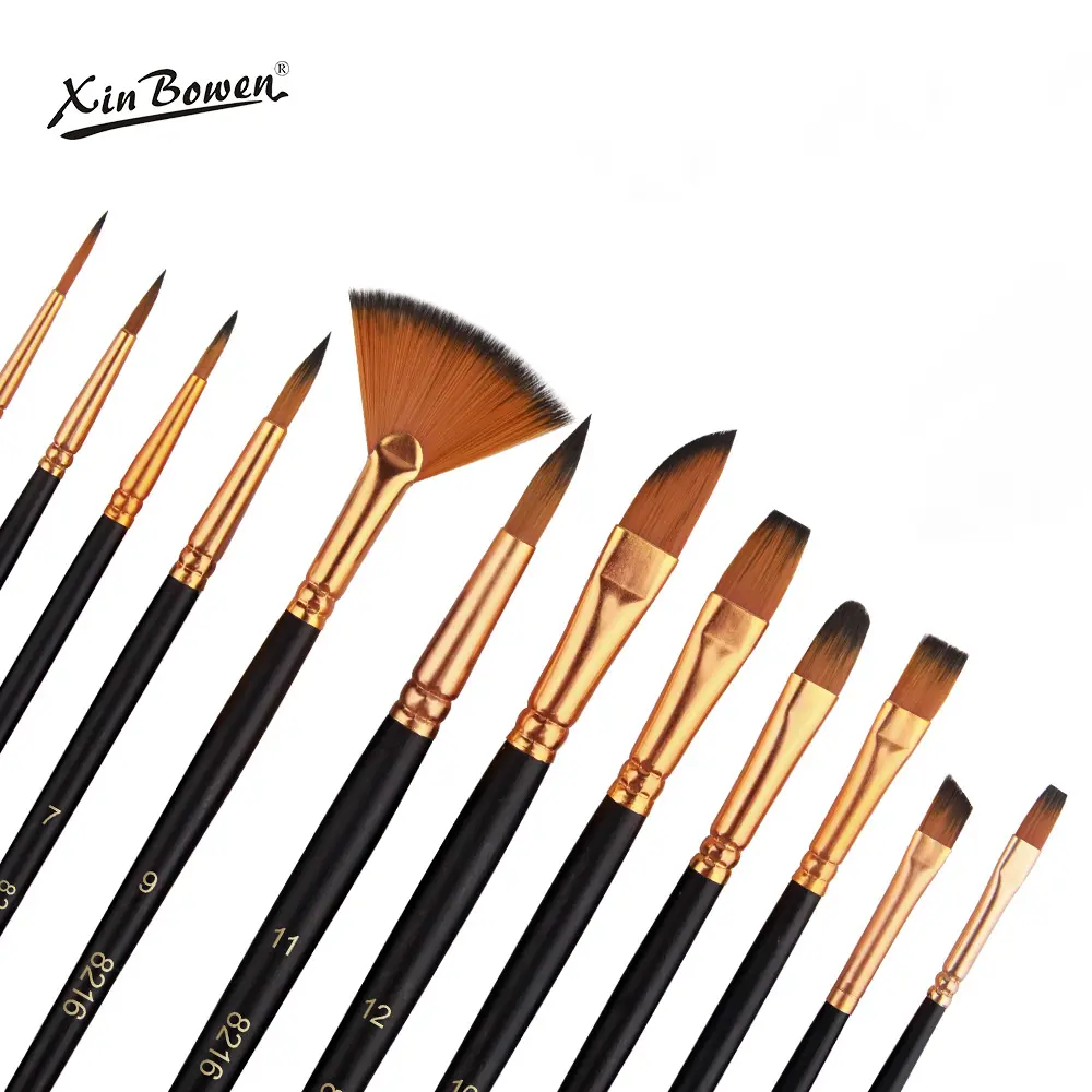 12 PCS Nylon Bristle Brush Set, Nylon Flat Brushes, Watercolor Brushes, Oil Paint, Artists, Amateur Acrylic Painting
