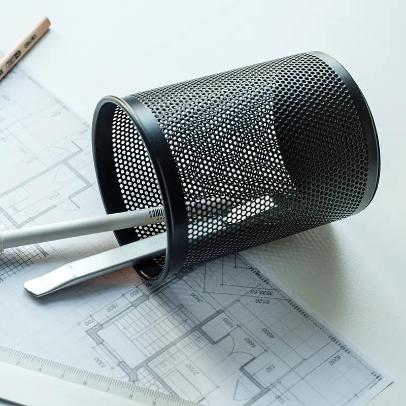 Deli Pencil Holder Office Desk Metal Mesh Square Round Pen Pot Cup Case Container Organiser Durable Pencil Case