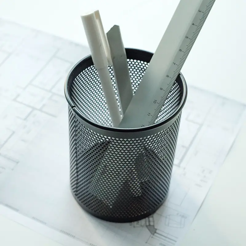 Deli Pencil Holder Office Desk Metal Mesh Square Round Pen Pot Cup Case Container Organiser Durable Pencil Case