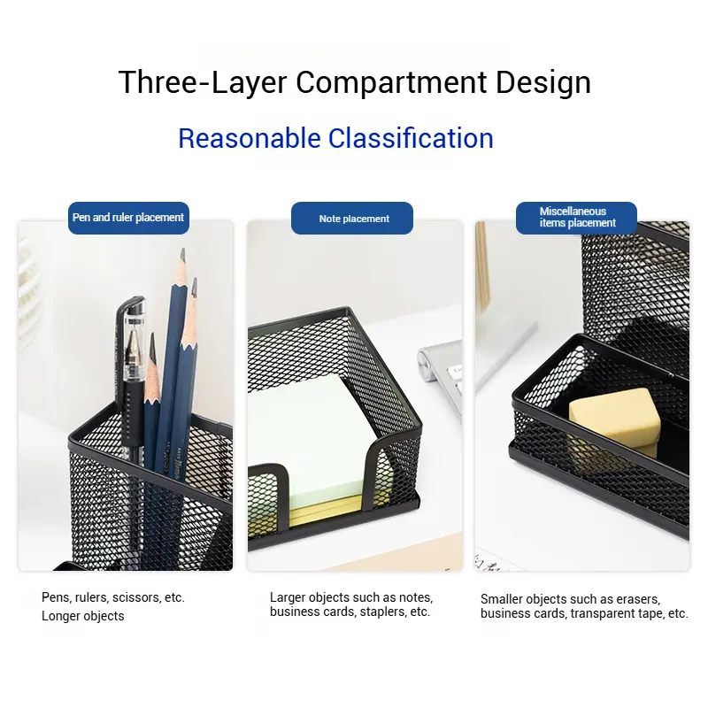 Deli Metal Mesh Square Pen Holder Multi-functional Three Grid Desktop Storage Box Simple Office Supplies for Business