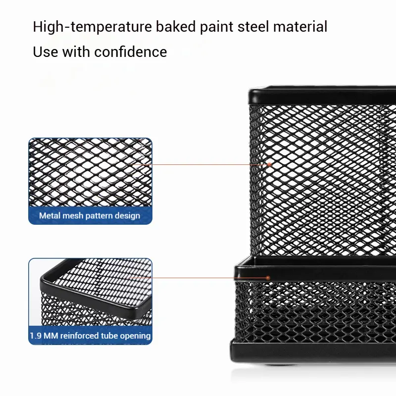 Deli Metal Mesh Square Pen Holder Multi-functional Three Grid Desktop Storage Box Simple Office Supplies for Business