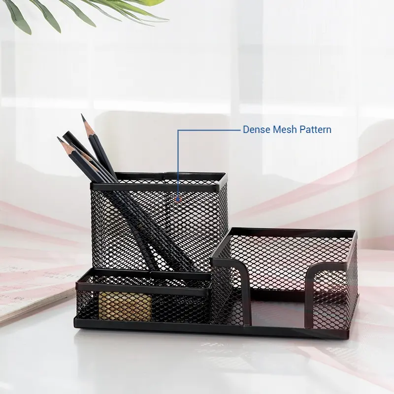 Deli Metal Mesh Square Pen Holder Multi-functional Three Grid Desktop Storage Box Simple Office Supplies for Business