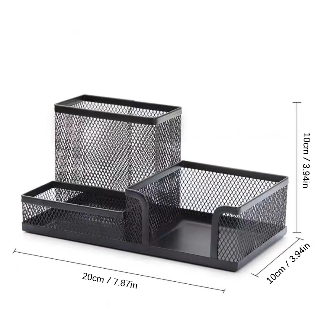 Deli Metal Mesh Square Pen Holder Multi-functional Three Grid Desktop Storage Box Simple Office Supplies for Business